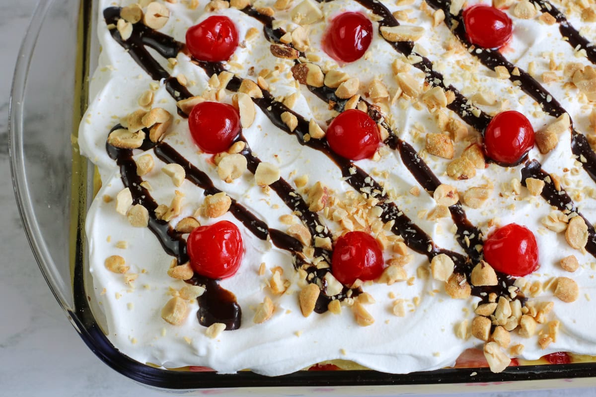 Banana Split Poke Cake Top View.