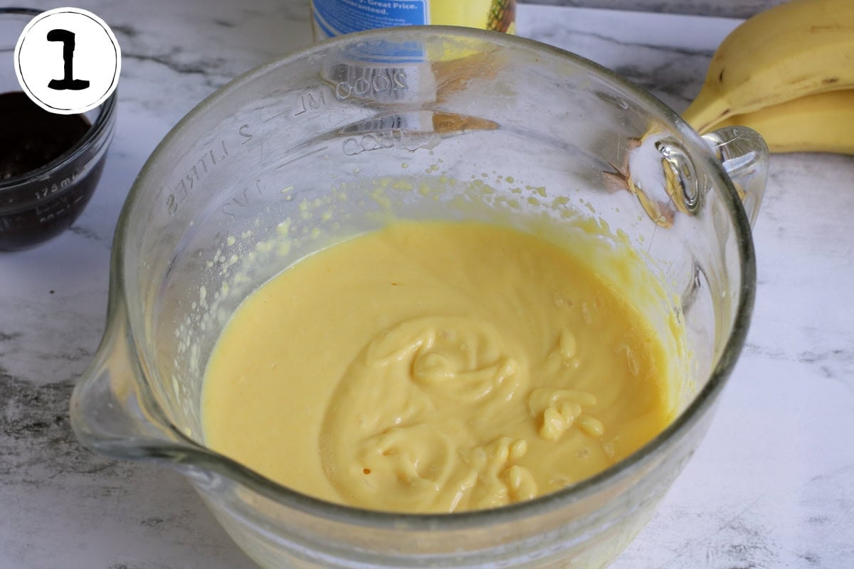 Batter for Banana Split Poke Cake.