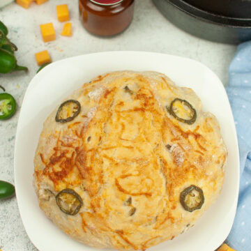 finished product of the Jalapeño Cheddar No Knead Bread recipe