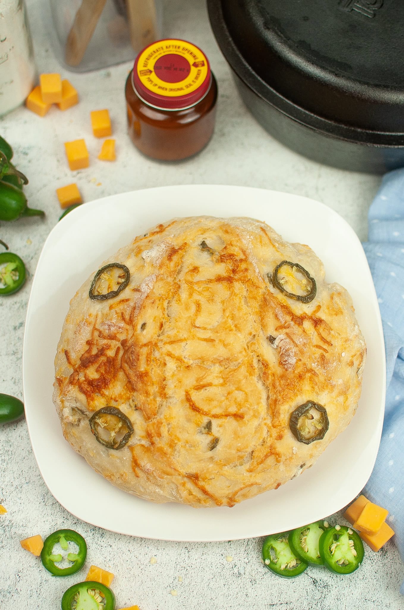finished product of the Jalapeño Cheddar No Knead Bread recipe