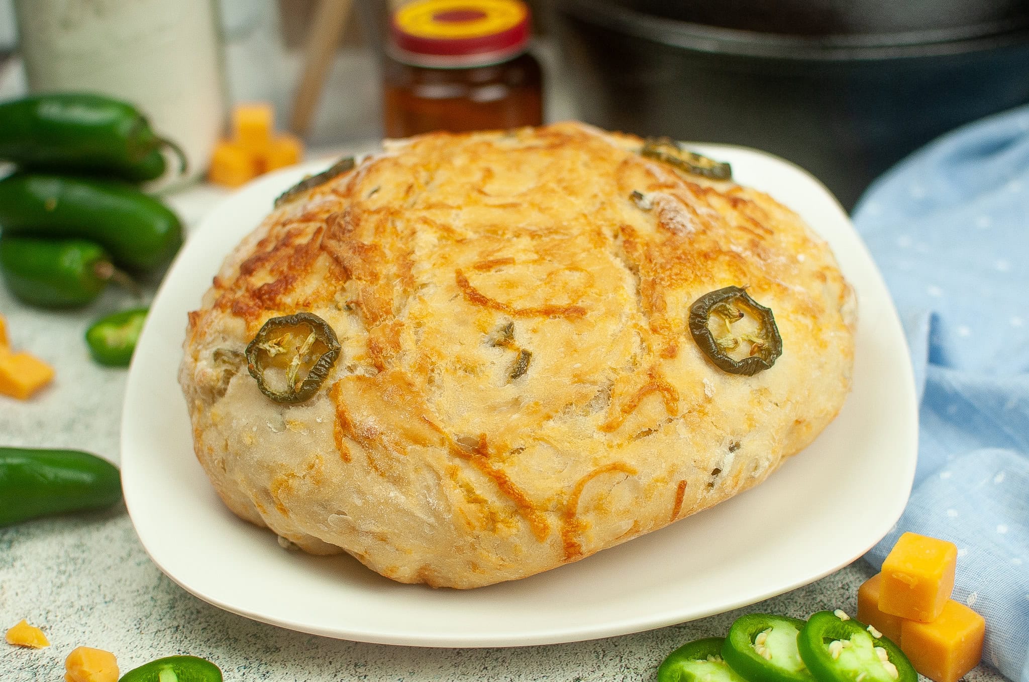 Jalapeno Cheddar No Knead Bread in a plate