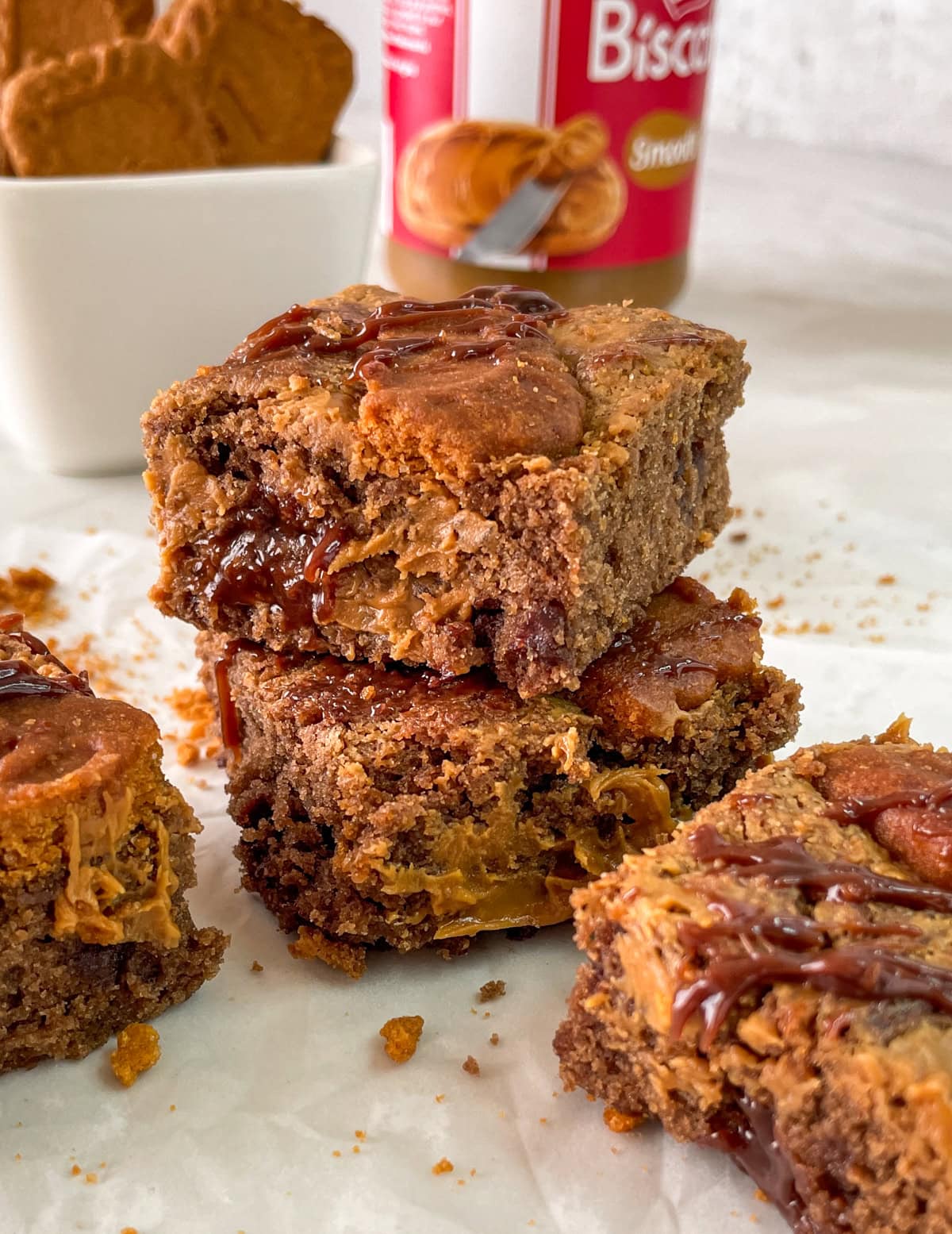 Biscoff Brownies made with cookies and Cookie Butter.