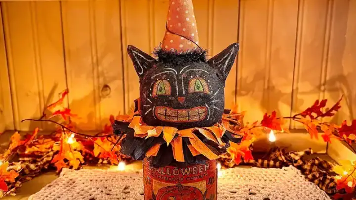 Image for Primitive Retro Halloween Black Cat in Can