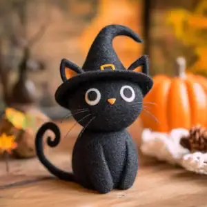 Halloween Black Cat Figurine wearing witch hat.