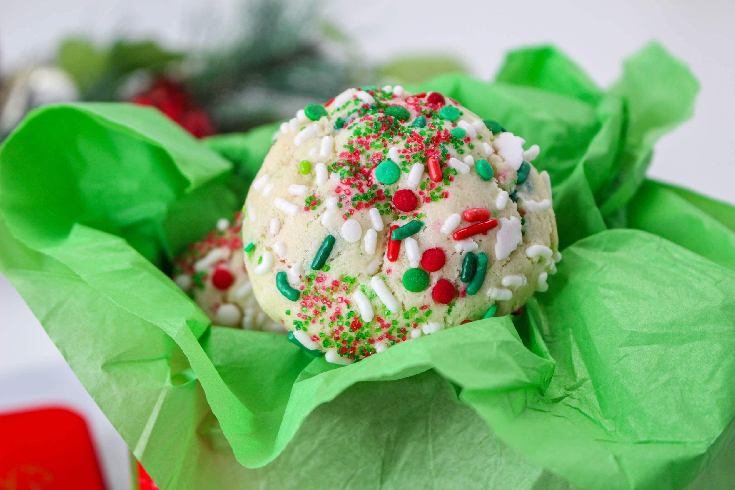 Cake Mix Christmas Cookies in green wrapper