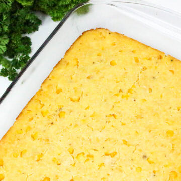 5 Ingredient Corn Casserole with greens on the side