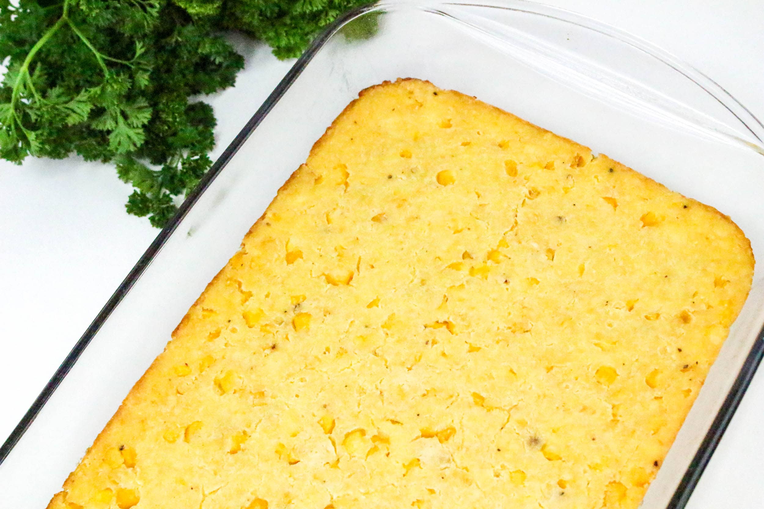 5 Ingredient Corn Casserole with greens on the side