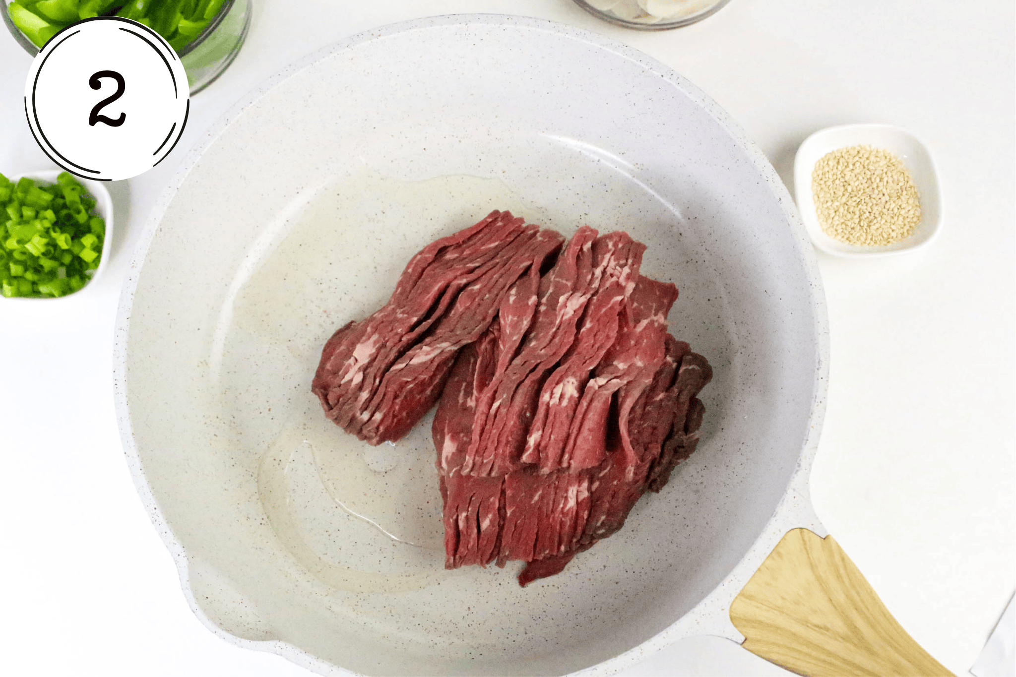 adding beef to the pan