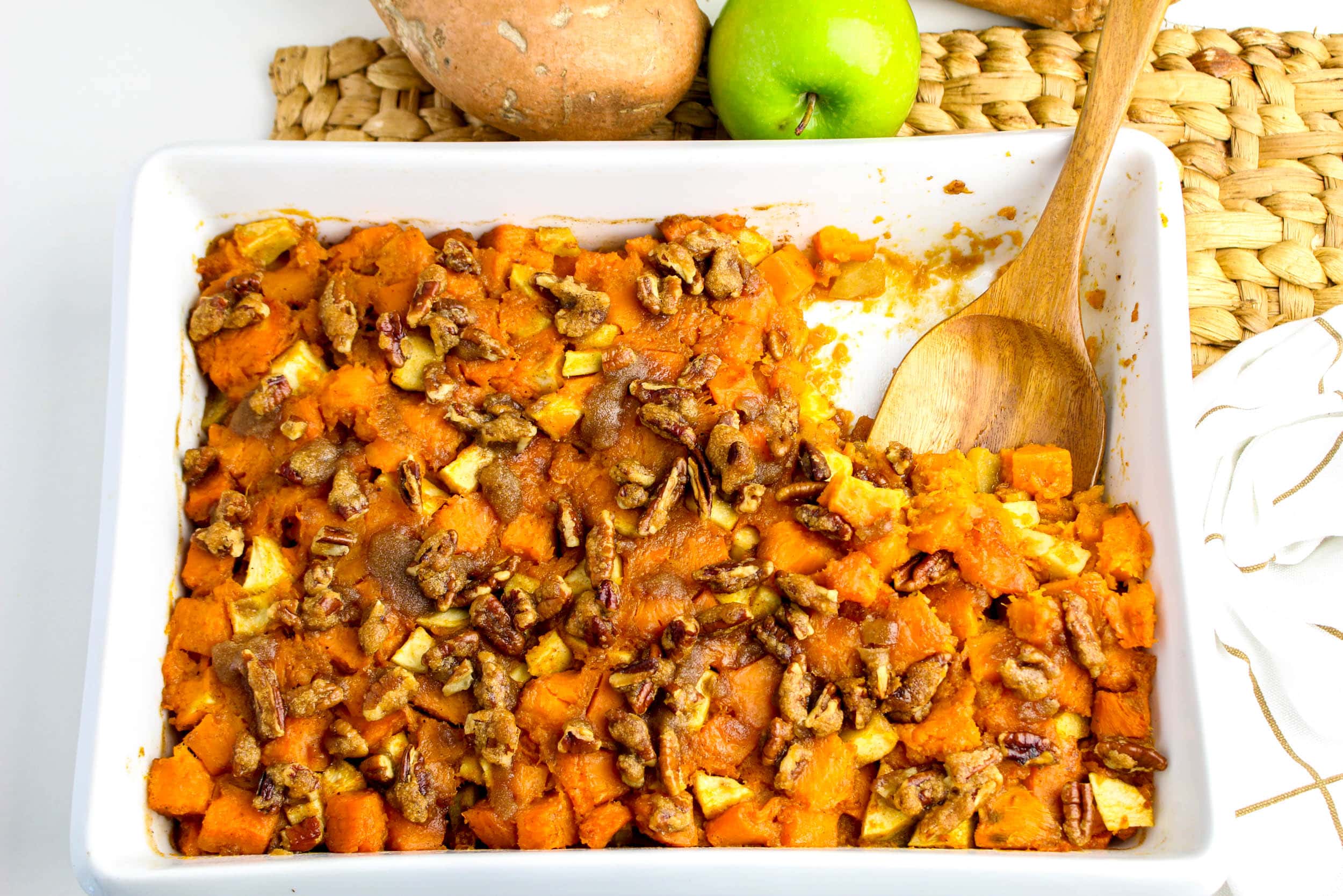 Apple Sweet Potato Casserole with one side eaten