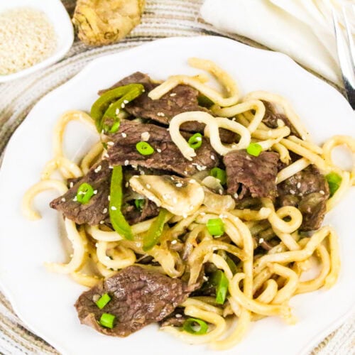 Beef Udon Noodles on plate with green onion garnish.