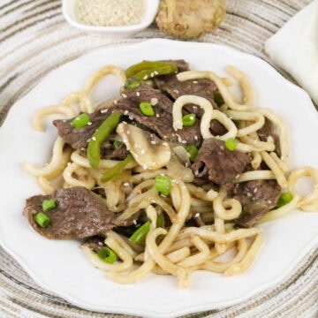 Beef and Udon Noodles in plate