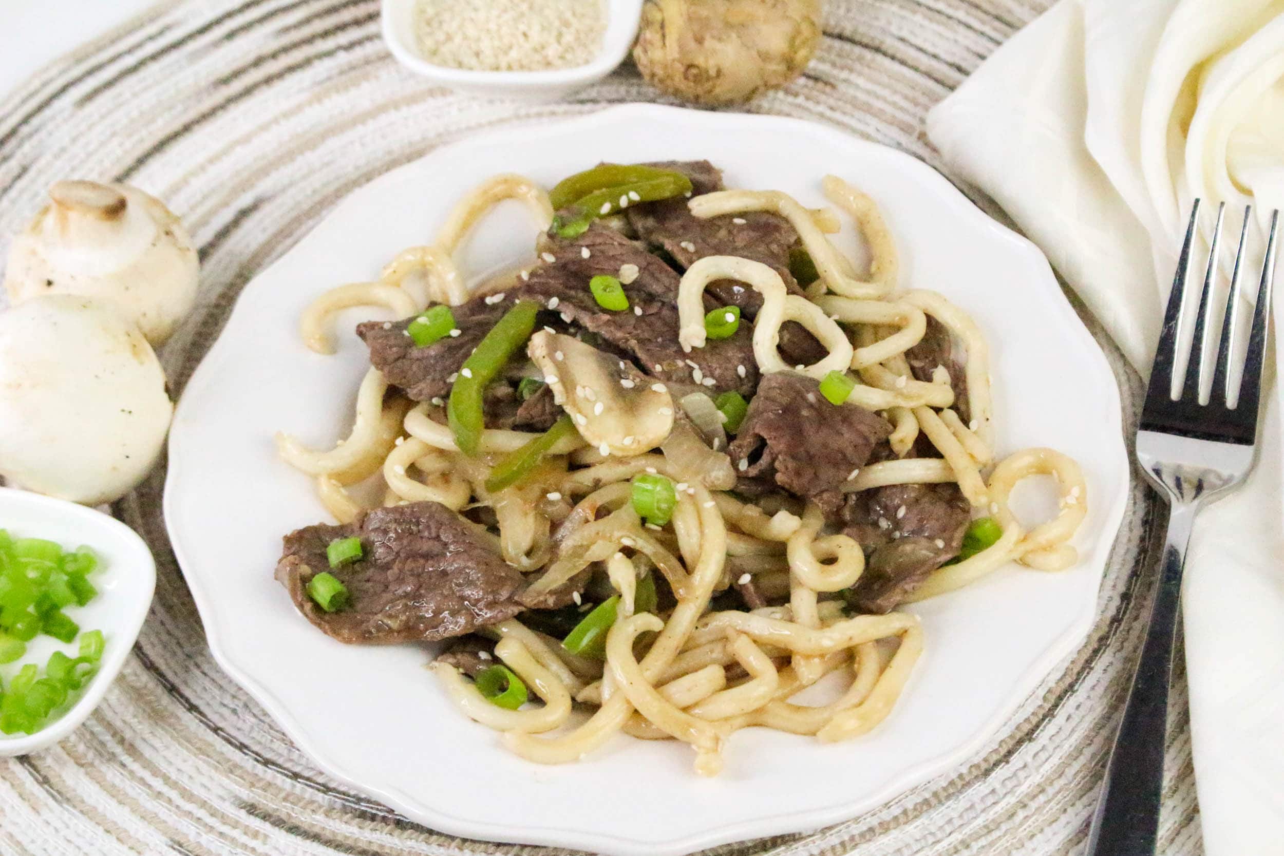 Beef and Udon Noodles in plate