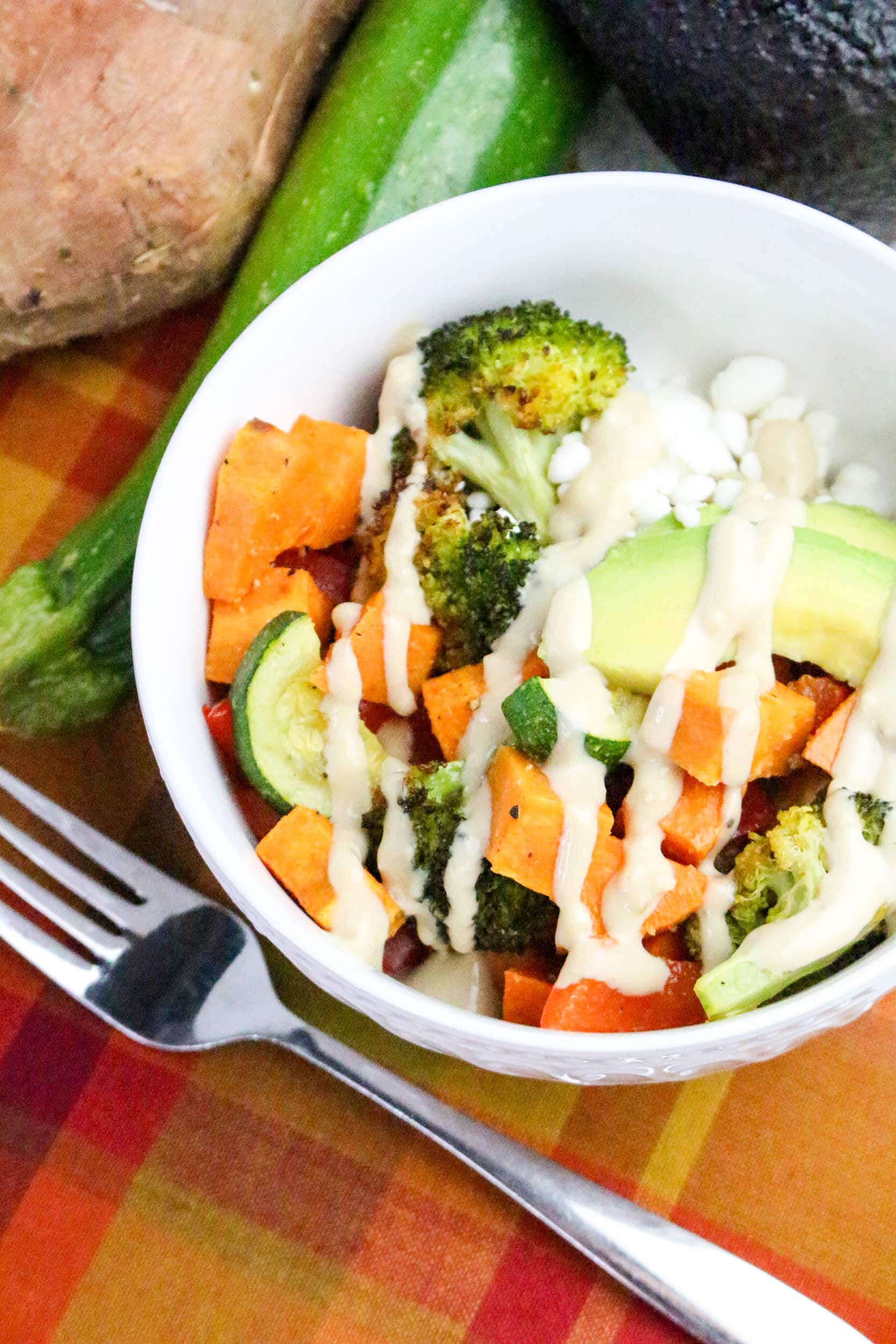 Quinoa Veggie Bowl with fork on a side