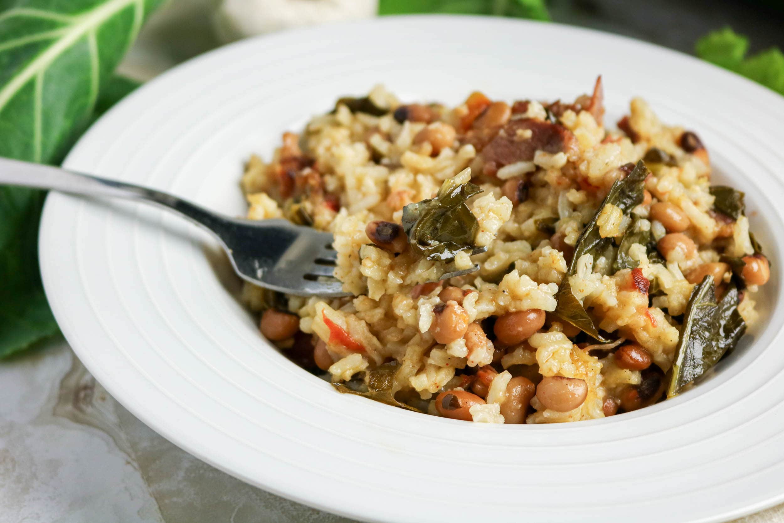 Slow Cooker Black Eyed Peas Collards and Rice in a plate