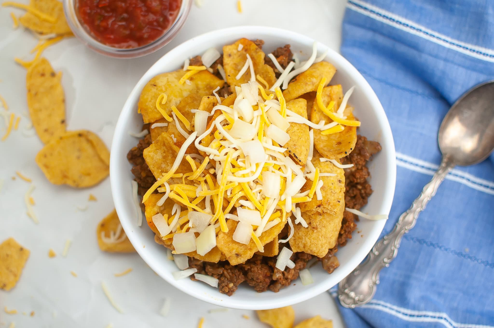 air fryer frito pie in a white bowl