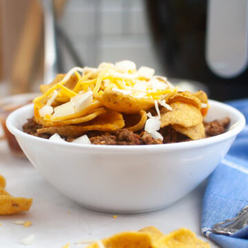 air fryer frito pie in a white bowl in table