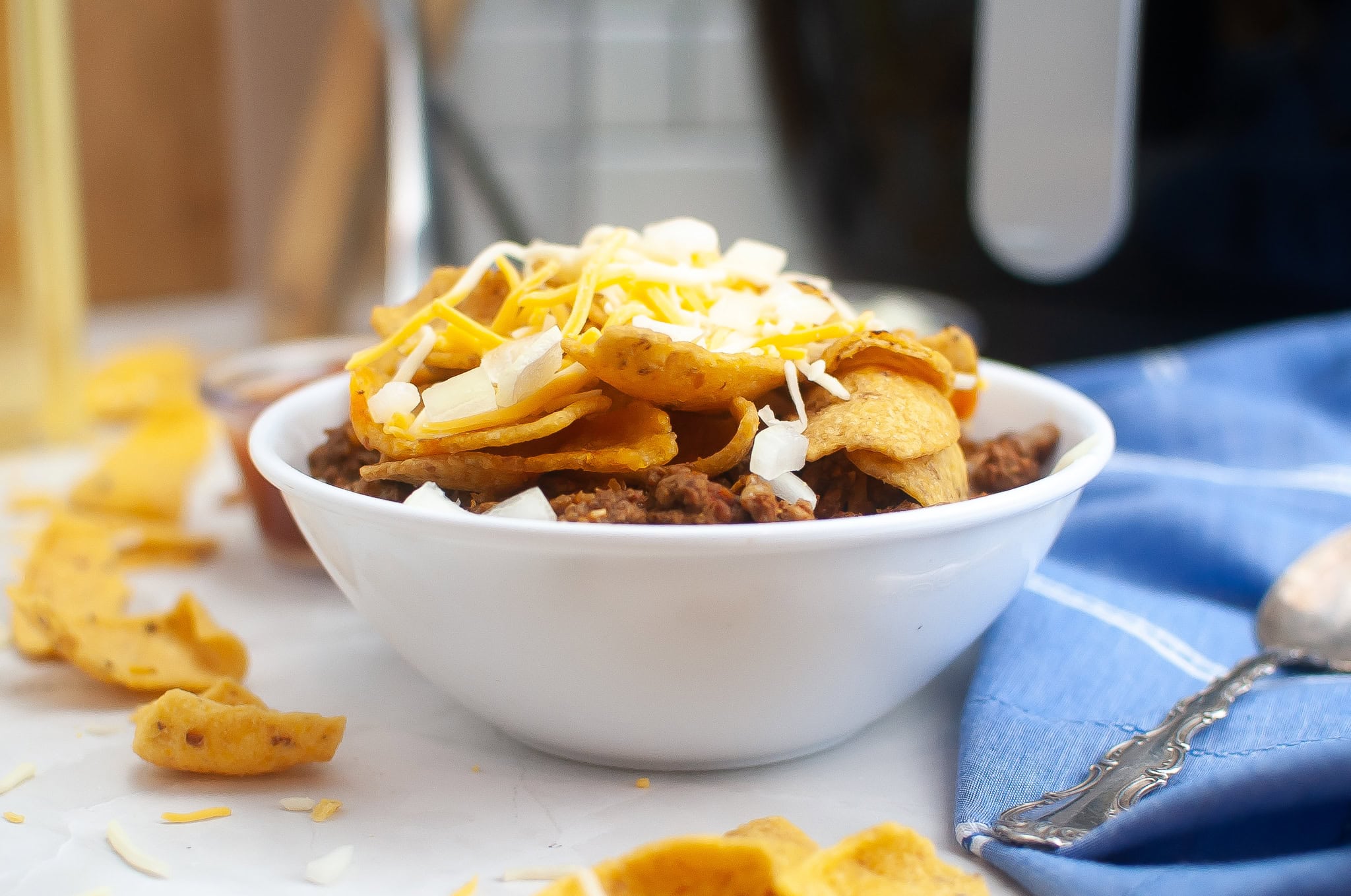 air fryer frito pie in a white bowl in table