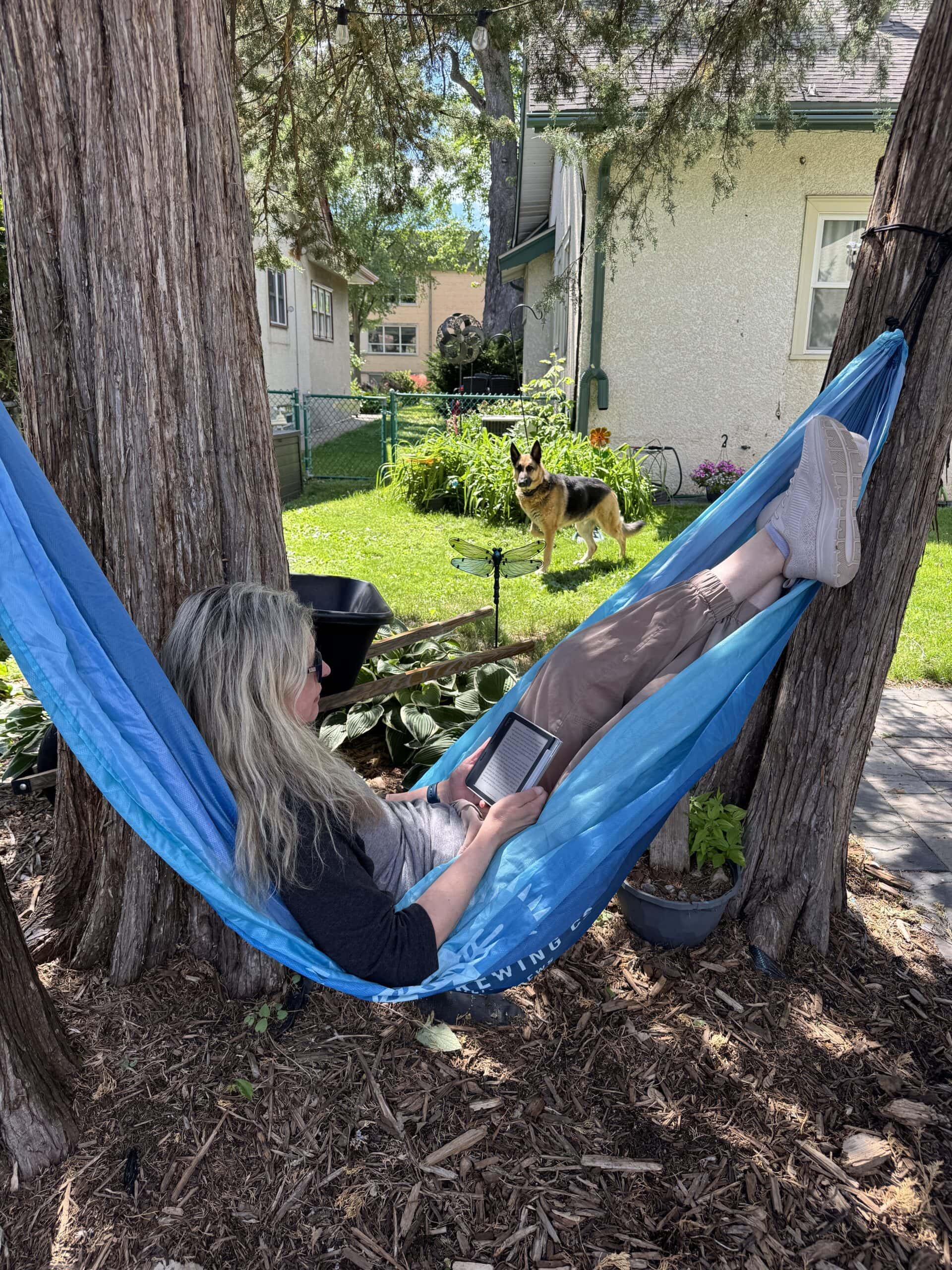 Reading Kobo in Hammock.