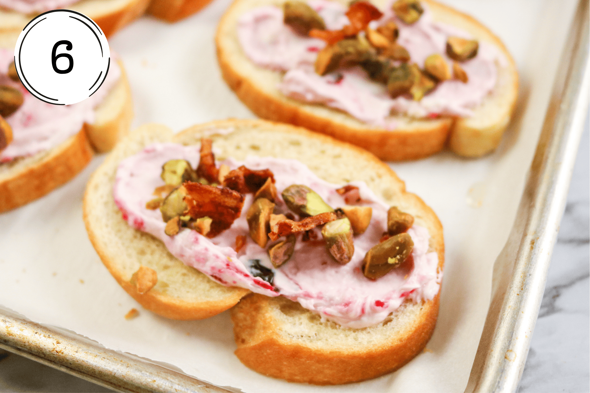 final product Bacon Pistachio and Cranberry Cream Cheese Crostini