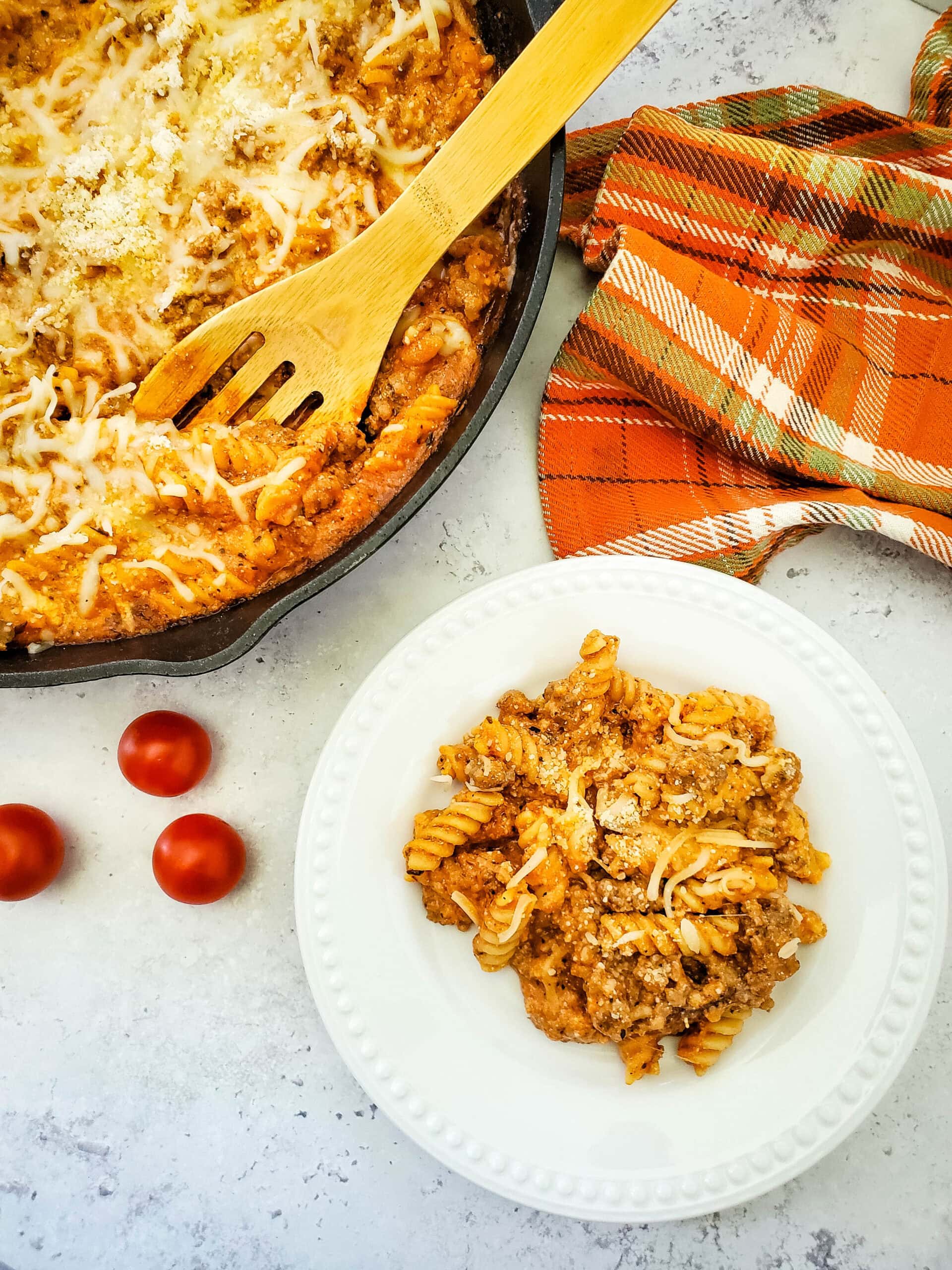Cast Iron Skillet Lasagna in pan and plate