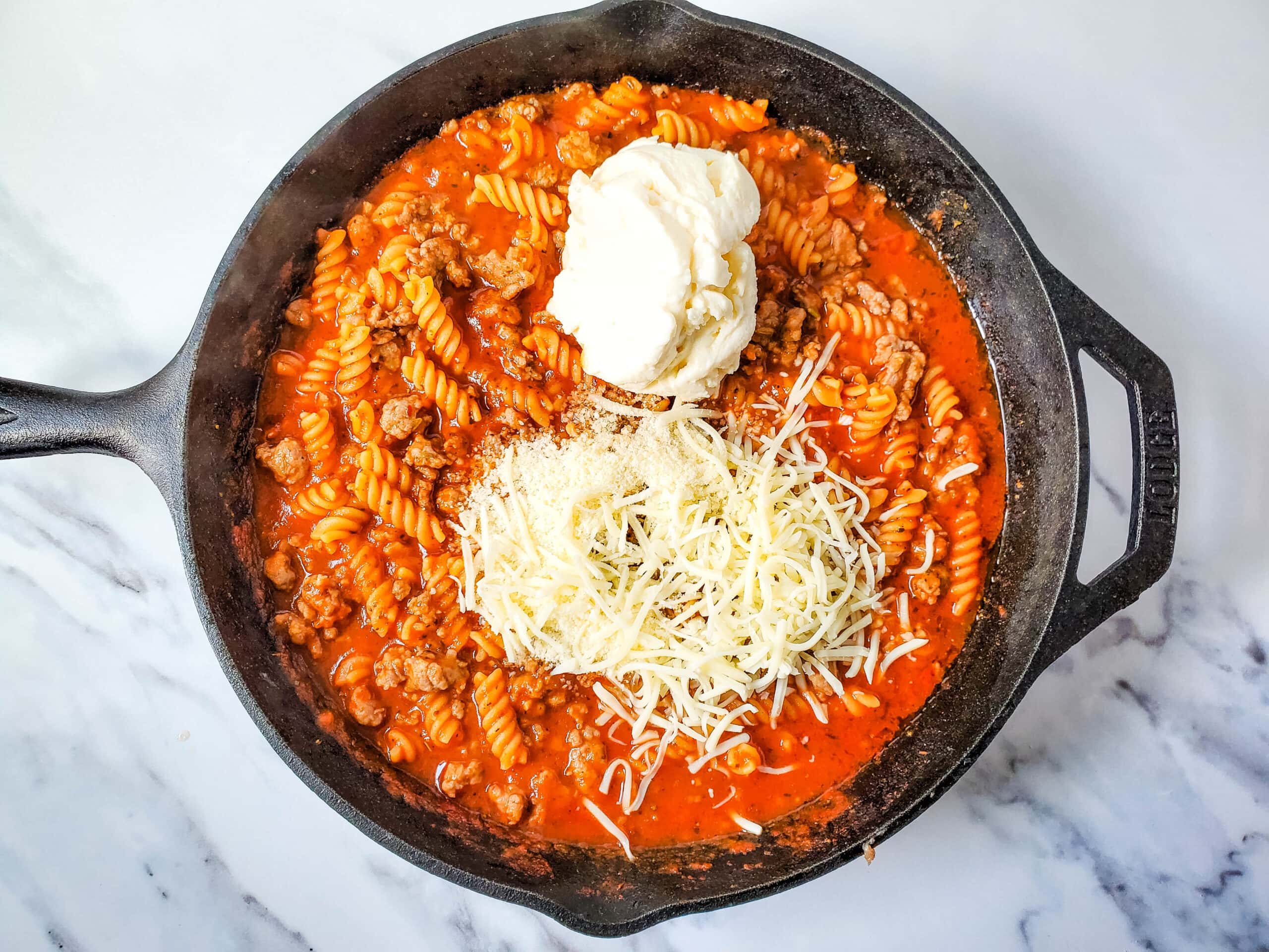 Cast Iron Skillet Lasagna mixed ingredients