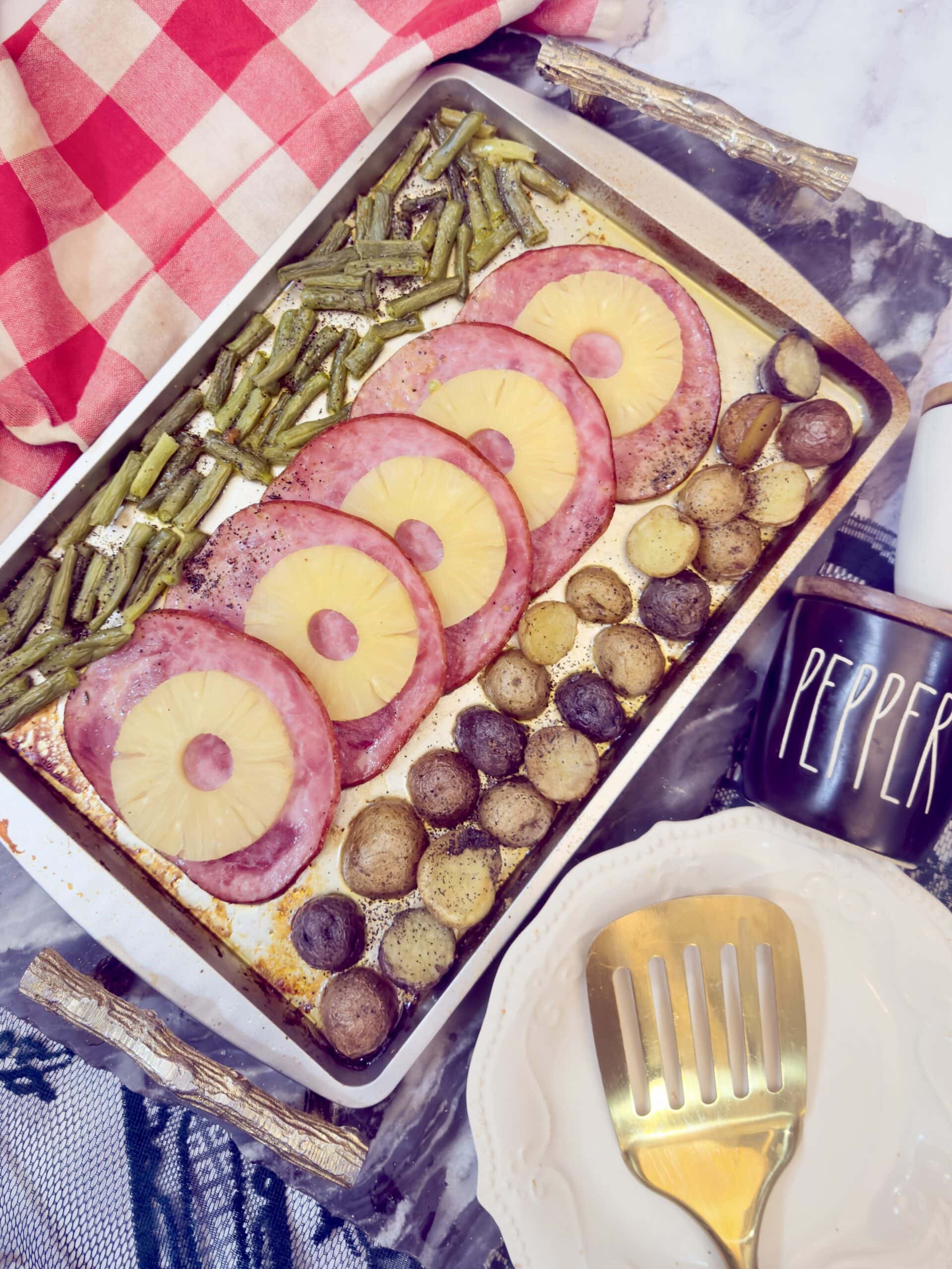ham with beans and potatoes on side