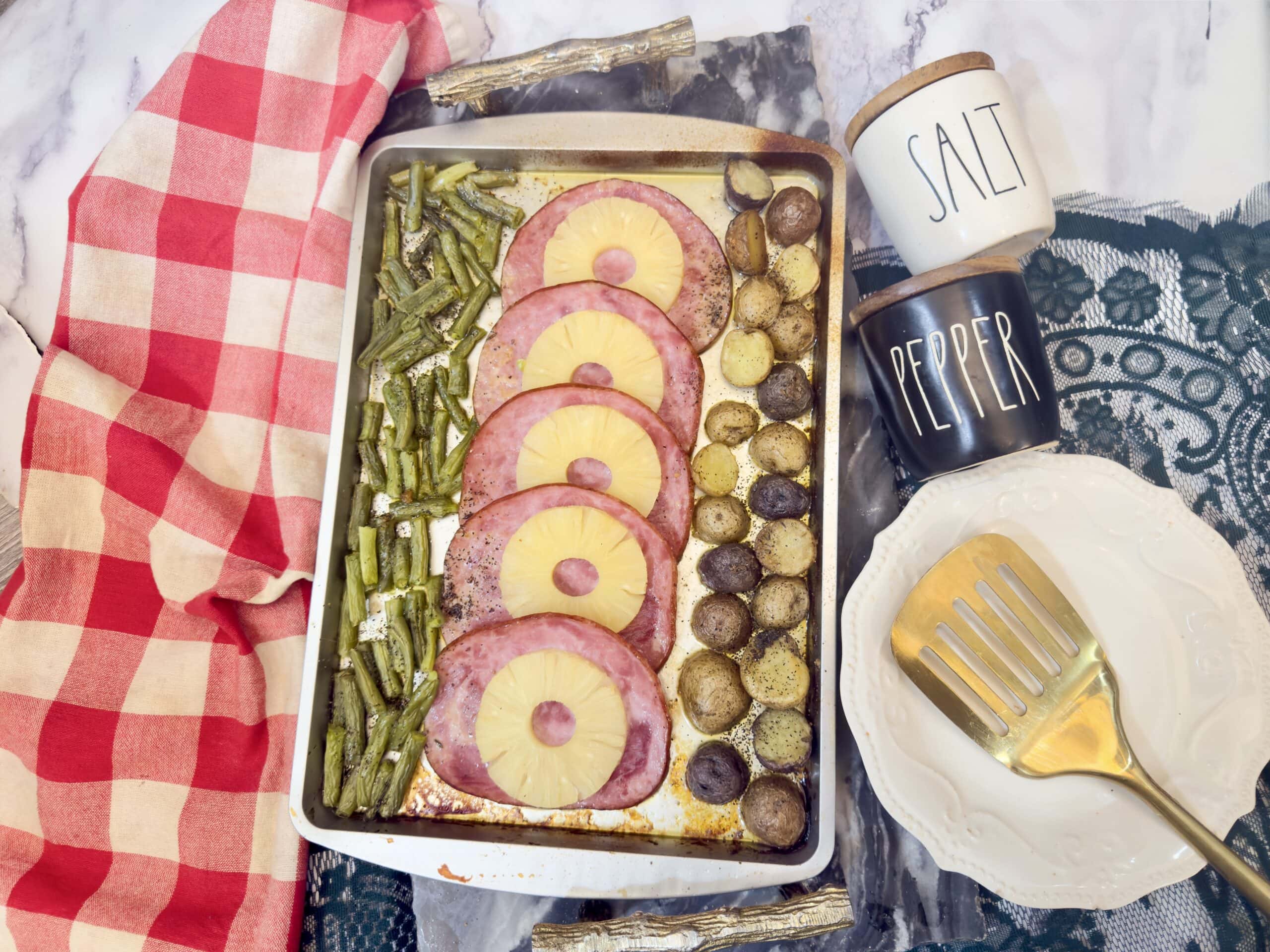 ham on sheet pan with vegetables