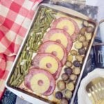 Sheet Pan Ham Dinner on red table cloth